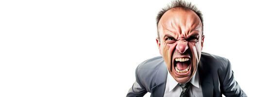 AI generated Close-up angry angry man, white background isolate. Aggressive person, abuses. photo