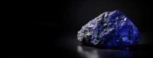 AI generated Tanzanite is a rare precious natural stone on black background. AI generated. Header banner mockup with space. photo