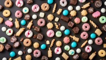 AI generated many different kinds of cookies and pastries on a black background photo