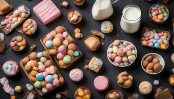 AI generated various types of sweets and milk on a black background photo