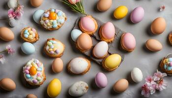 ai generado Pascua de Resurrección huevos y pasteles en un gris antecedentes foto