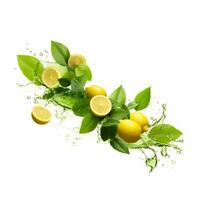 AI generated Falling lemons slick with green leaves tea photo