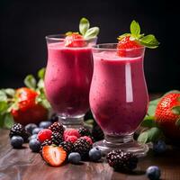 AI generated Berries smoothies with berries assorts on wooden table photo