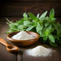 AI generated Stevia leaves and stevia sugar on wooden backgrounds. AI generated. photo