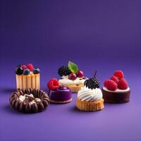 AI generated Assortment of homemade mini cakes on a colored background. photo