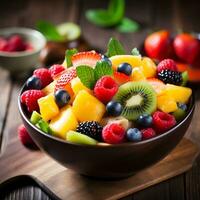 AI generated Summer fruit salad with berries in a wooden plate on a wooden table photo