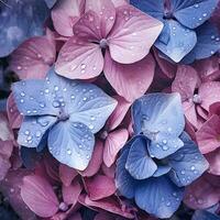 ai generado hortensia flores con agua gotas de cerca antecedentes foto