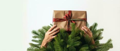 ai generado alegre momento con un persona en broma ocultación detrás un decorado Navidad árbol. ai generativo. foto