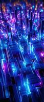 AI generated A visually striking vertical background with an intricate pattern of lines and lights, depicting a high-tech, digital world. photo