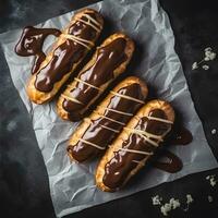 AI generated Cake eclairs in chocolate glaze on concrete backgrounds photo