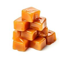 AI generated Caramel candy with caramel topping on white backgrounds. Healthy food ingredient. photo