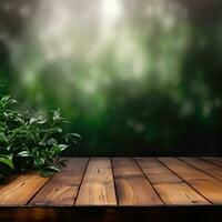 AI generated Green plant backgrounds with empty wooden table for product display photo