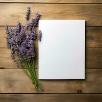 AI generated Mock up.Wooden background and lavender flower photo