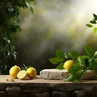 AI generated Lemons fruits backgrounds with empty wooden table. Generated AI photo