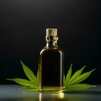 AI generated CBD oil in bottle on black backgrounds. photo