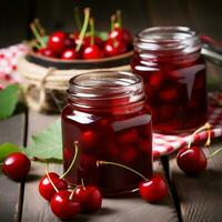 AI generated Cherry jam with berry on wooden backgrounds. Healthy food ingredient. photo