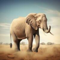 AI generated old elephant with tusks walks through a sandy desert photo