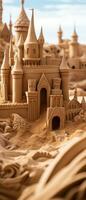 AI generated Bright and cheerful image of a sandy beach with a sandcastle. photo