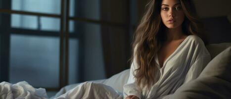 AI generated Serene young woman in a nightgown lounging on a bed. AI generative. photo