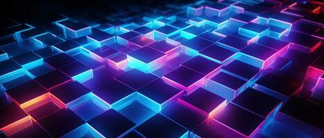 AI generated Bright neon elements and 3D cubes create a modern, tech-savvy atmosphere. photo