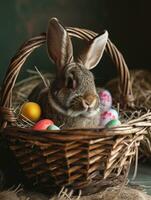 AI Generated Cute Easter bunny in basket with eggs on dark background. AI generation photo