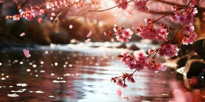AI Generated Sakura blossoms against the background of the river. Hanami. AI generation. photo