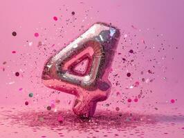 AI Generated Number 4 on pink background with sequins and confetti. Ai generation. photo