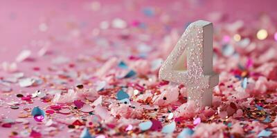 AI Generated Number 4 on pink background with sequins and confetti. Ai generation. photo