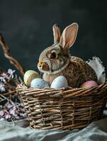 AI Generated Cute Easter bunny in basket with eggs on dark background. AI generation photo