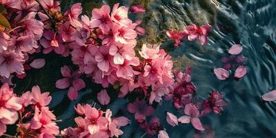 AI Generated Sakura flowers and petals float on the surface of the water. Hanami. AI generation. photo