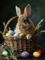AI Generated Cute Easter bunny in basket with eggs on dark background. AI generation photo