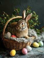 AI Generated Cute Easter bunny in basket with eggs on dark background. AI generation photo