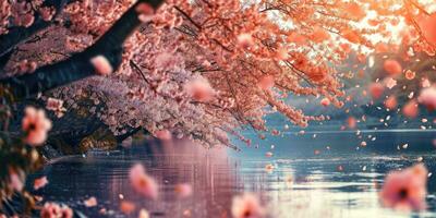 AI Generated Sakura blossoms against the background of the river. Hanami. AI generation. photo