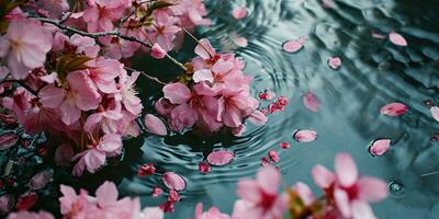 AI Generated Sakura flowers and petals float on the surface of the water. Hanami. AI generation. photo