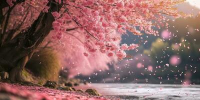 AI Generated Sakura blossoms against the background of the river. Hanami. AI generation. photo