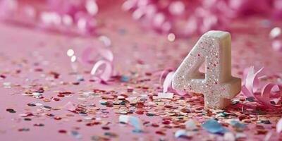 AI Generated Number 4 on pink background with sequins and confetti. Ai generation. photo