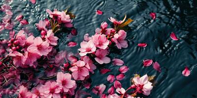 AI Generated Sakura flowers and petals float on the surface of the water. Hanami. AI generation. photo