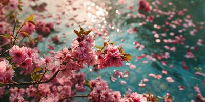 AI Generated Sakura flowers and petals float on the surface of the water. Hanami. AI generation. photo