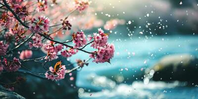 AI Generated Sakura blossoms against the background of the river. Hanami. AI generation. photo