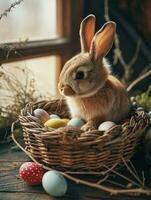 AI Generated Cute Easter bunny in basket with eggs on dark background. AI generation photo