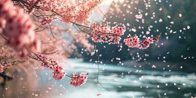 AI Generated Sakura blossoms against the background of the river. Hanami. AI generation. photo