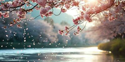 AI Generated Sakura blossoms against the background of the river. Hanami. AI generation. photo