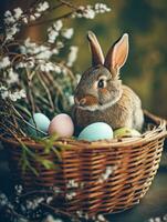 AI Generated Cute Easter bunny in basket with eggs on dark background. AI generation photo