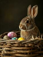 ai generado linda Pascua de Resurrección conejito en cesta con huevos en oscuro antecedentes. ai Generacion foto