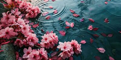 AI Generated Sakura flowers and petals float on the surface of the water. Hanami. AI generation. photo