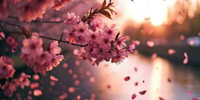 AI Generated Sakura blossoms against the background of the river. Hanami. AI generation. photo