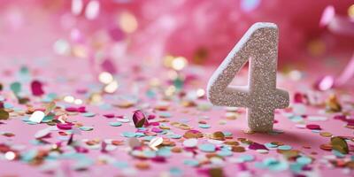 AI Generated Number 4 on pink background with sequins and confetti. Ai generation. photo