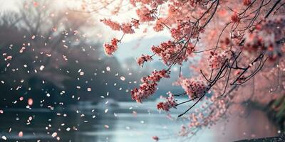 AI Generated Sakura blossoms against the background of the river. Hanami. AI generation. photo