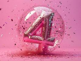 AI Generated Number 4 on pink background with sequins and confetti. Ai generation. photo