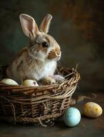 AI Generated Cute Easter bunny in basket with eggs on dark background. AI generation photo